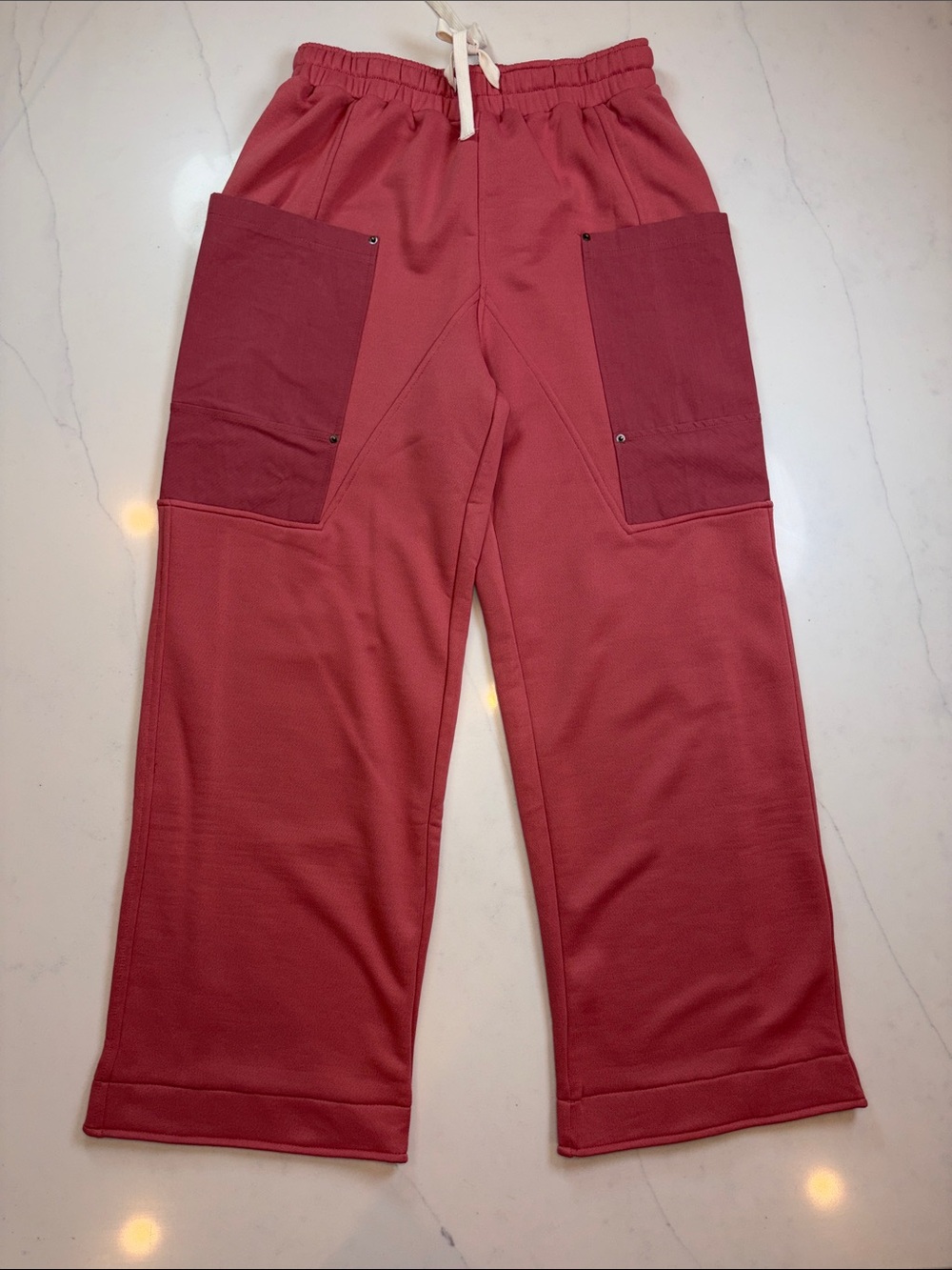 Wide Leg Drawstring Pants with Contrast Pockets - Rose